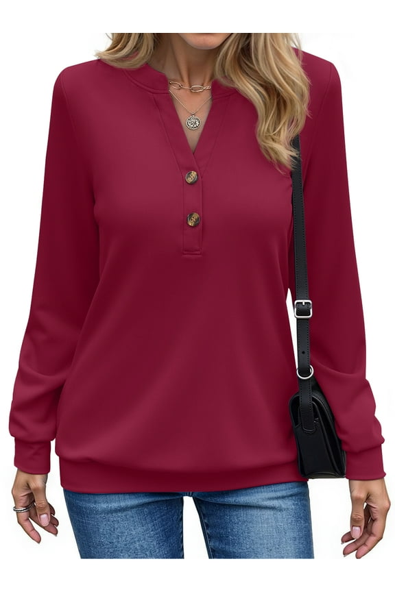V Neck Sweatshirts for Women Casual Long Sleeve Shirts Button Pullover Tops Fashion Fall Outfits