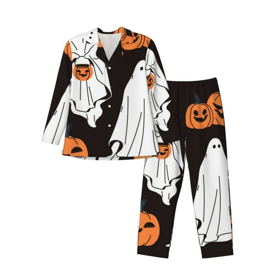 Kdxio Halloween Ghosts And Pumpkins Men’s Pajama Set Pajamas For Men 2 Piece PJ Set with Men Pajama Pants and Long Sleeve T-Shirt Lounge Set-