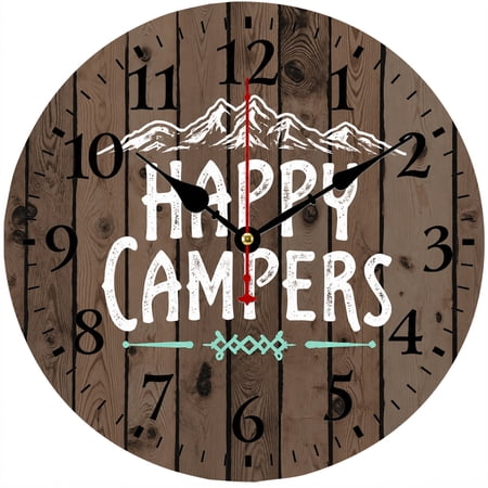 CozyHour 9.84 Inch Rustic Happy Campers Wall Clock, Mountain Wood Plank Style Analog Clock for Cabin, RV, Camper, Living Room and Bedroom Decor