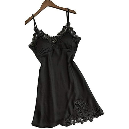 

Kiapeise Women Silk Satin Sleepwear Dress Lace V-Neck Sleepwear Dress