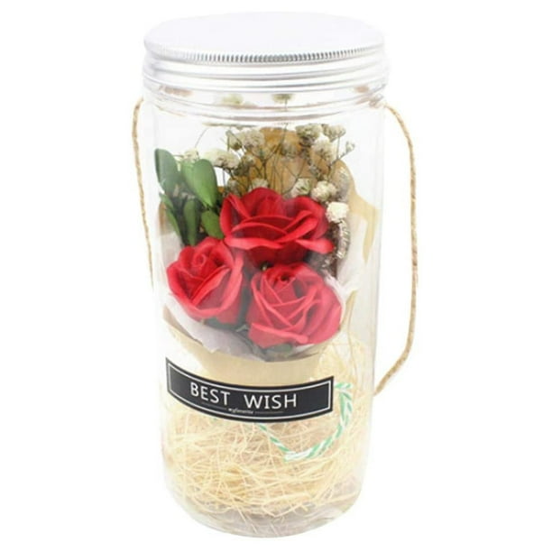 Ramo de flores de rosas de jabón hecho a mano, cadena de luces LED en botella con cuerda colgante para regalo de cumpleaños, aniversario de bodas de San Valentín