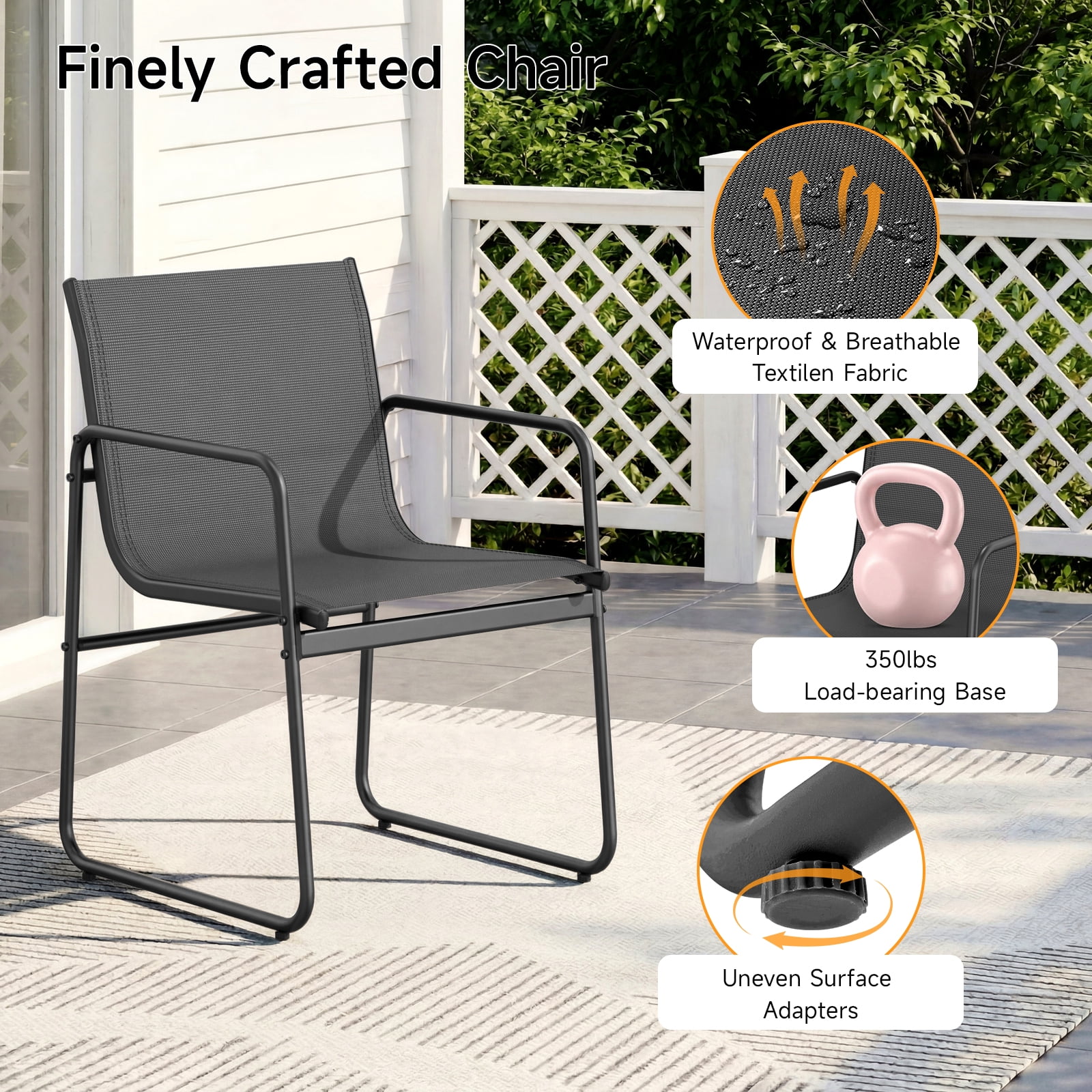Vitarpatio 7 Piece Outdoor Patio Dining Set with 6 Textilene Chairs and Glass Rectangular Table, Modern Outdoor Furniture Set Patio Table and Chairs Set for 6 Persons, Black