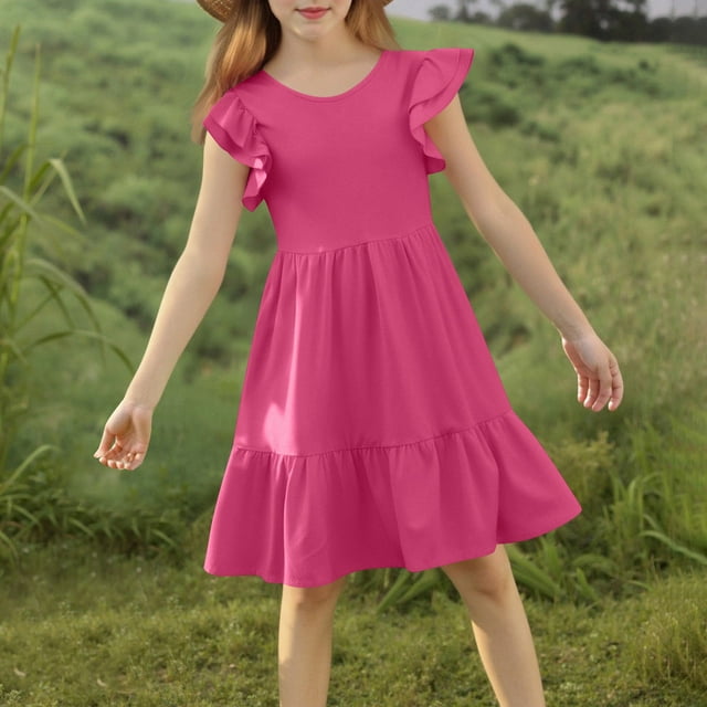 QTBIUQ Robe Décontractée pour Fille à Col Rond, Couleur Unie, Manches à Volants, Ourlet de Jupe Plissée, Polyvalente pour un Usage Quotidien, Mignonne et Élégante, Fête de Vacances, Jeu (Rose Vif, 5 Ans)
