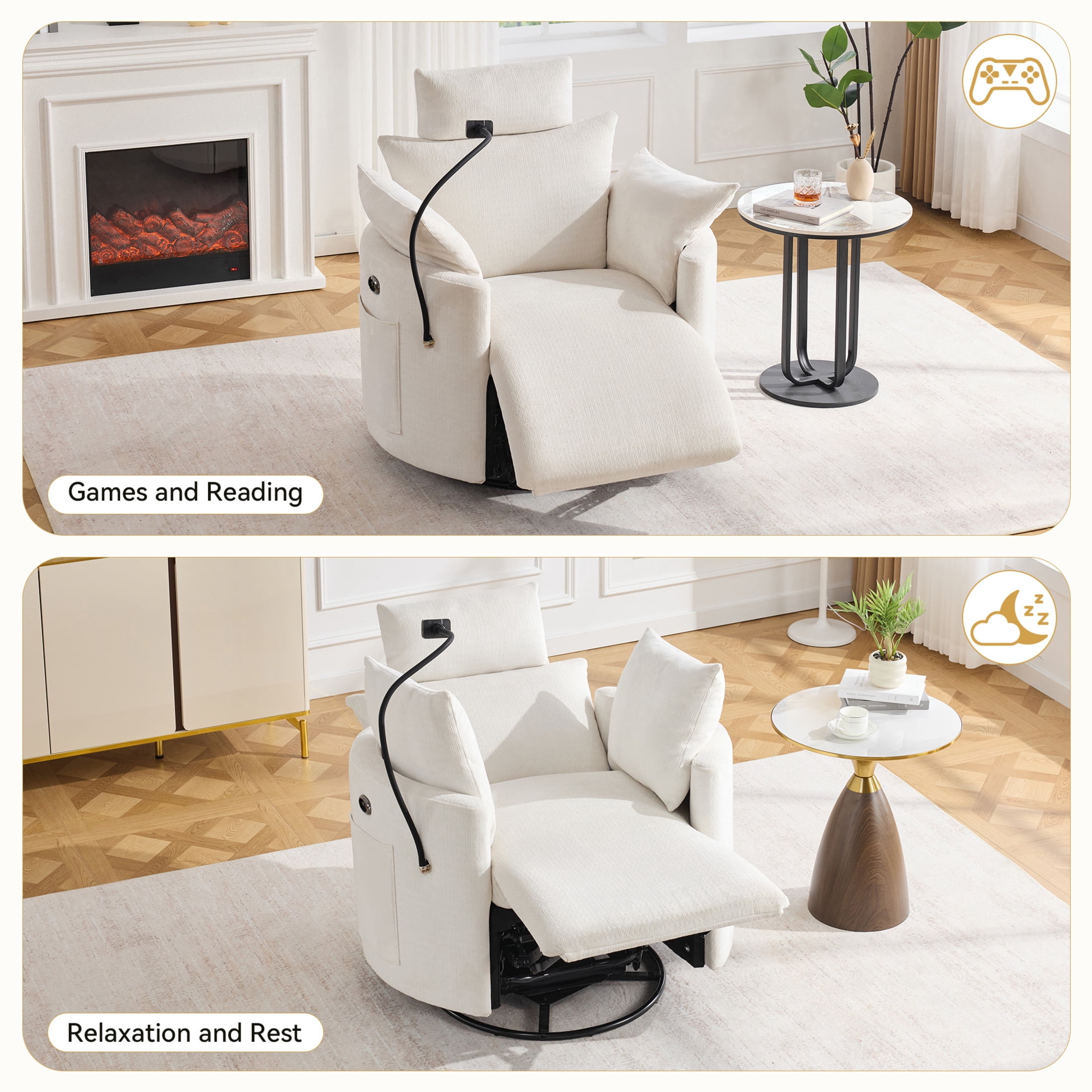 Noble House Sigrid 210° Swivel Rocking Recliner Chair, Electric Power Adjustable Chenille Armchair with USB, White