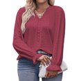 thumbnail image 3 of Tops de talla grande para mujer con cuello en V y volantes de manga larga con ojales, blusas huecas casuales de encaje de moda, 3 of 5