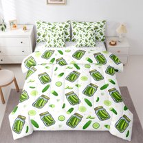 Manfei Cute Vegetables Pickle 7pcs Bedding Comforter Set for Kid, Cartoon Pickle Queen Bedding Sets, White Green Cartoon Theme Reversible Queen Sheet Sets, Lightweight Room Decor