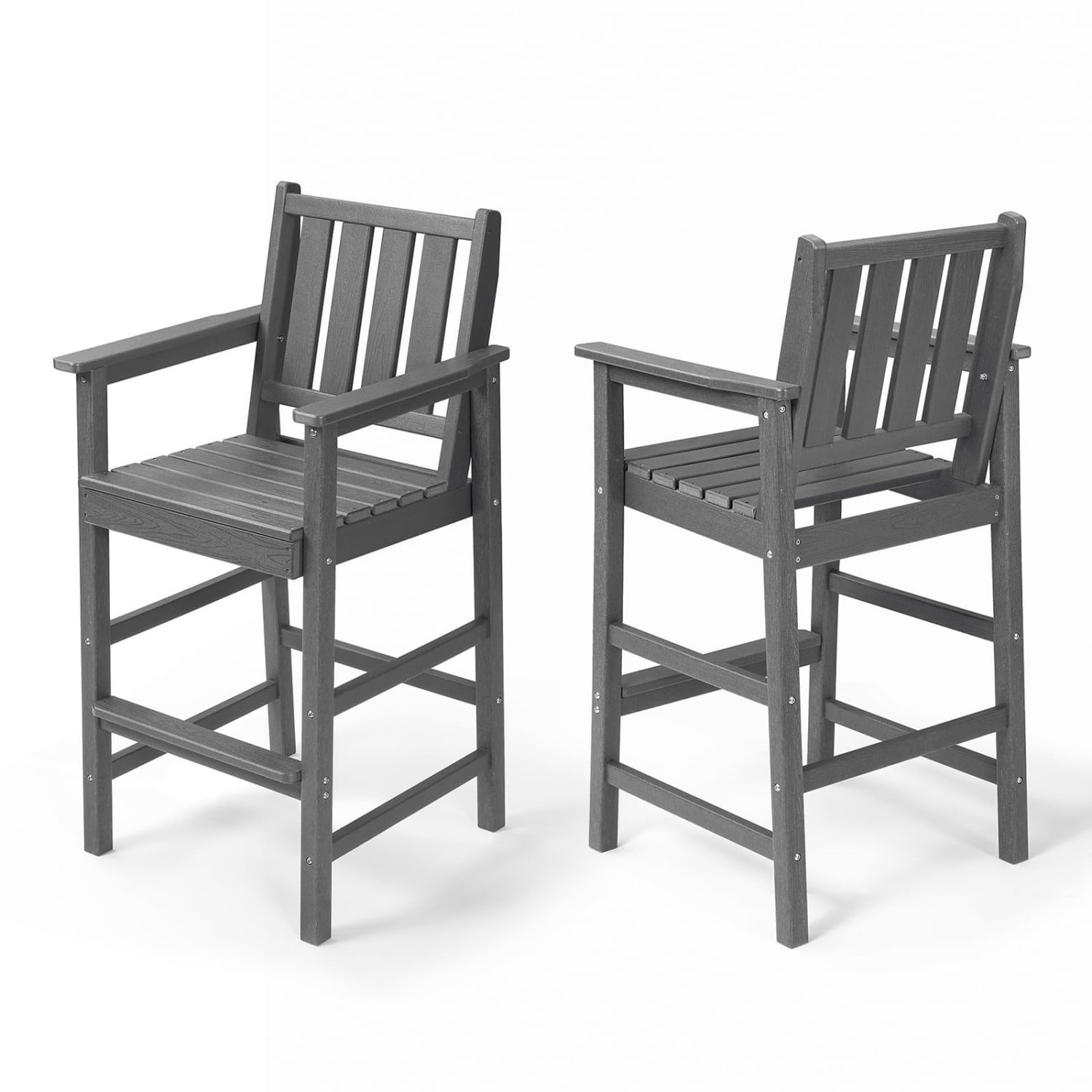 Adirondack Bar Chair Set of 2, HDPE Outdoor Bar Stools with Footrest, All Weather Adirondack Bar Height Chairs for Patio, Balcony, Porch, Deck, Poolside, Smoke Gray