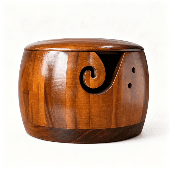 ACDANC Yarn Bowl Knitting 7X5.1In Large Wood Knitting Bowl with Lid for Yarn Skeins Round Wooden Bowl with Carved Holes Crochet Hook Rests Yarn Bowl
