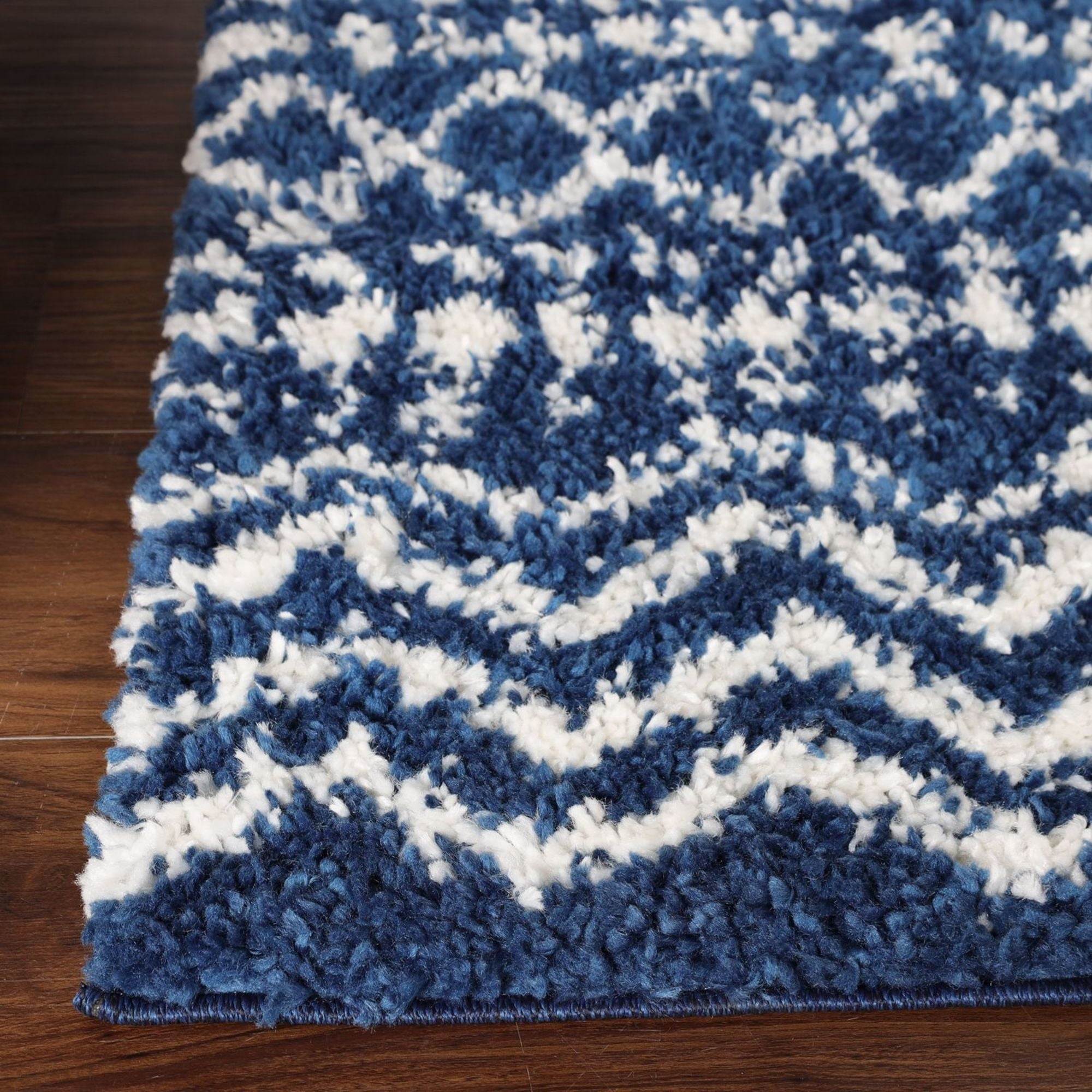 Boho Geometric Plush Shag Indoor Area Rug, Cream/Blue, 4' x 6'