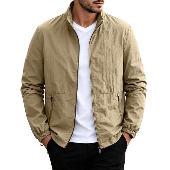StSilkitty Lightweight Jacket for Men Solid Color Long Sleeve Stand Collar Full Zip Fashion Jackets Coat with Pockets