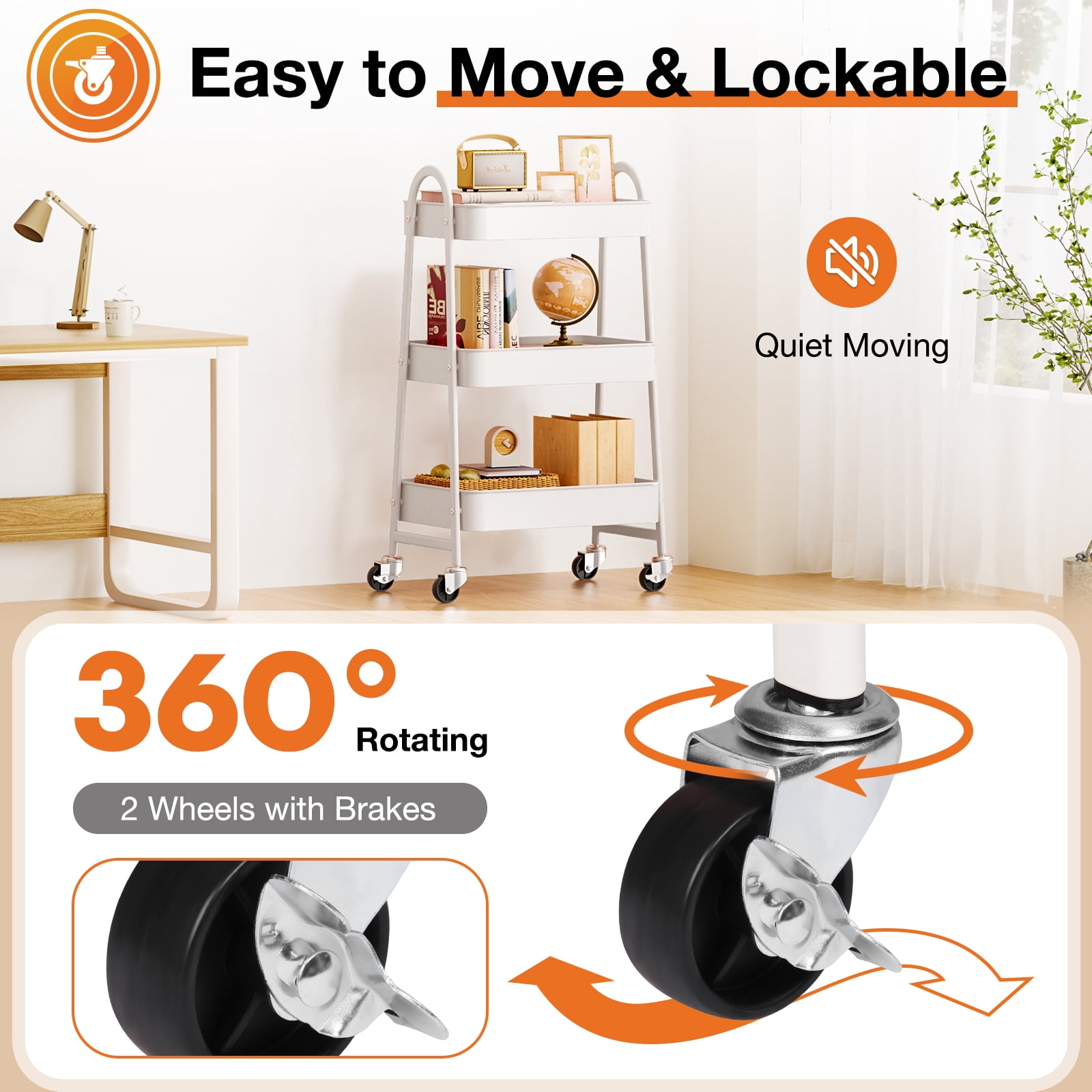 3-Tier Rolling Metal Storage Cart with Locking Casters, Utility Organizer for Kitchen, Bathroom, Laundry, and Office