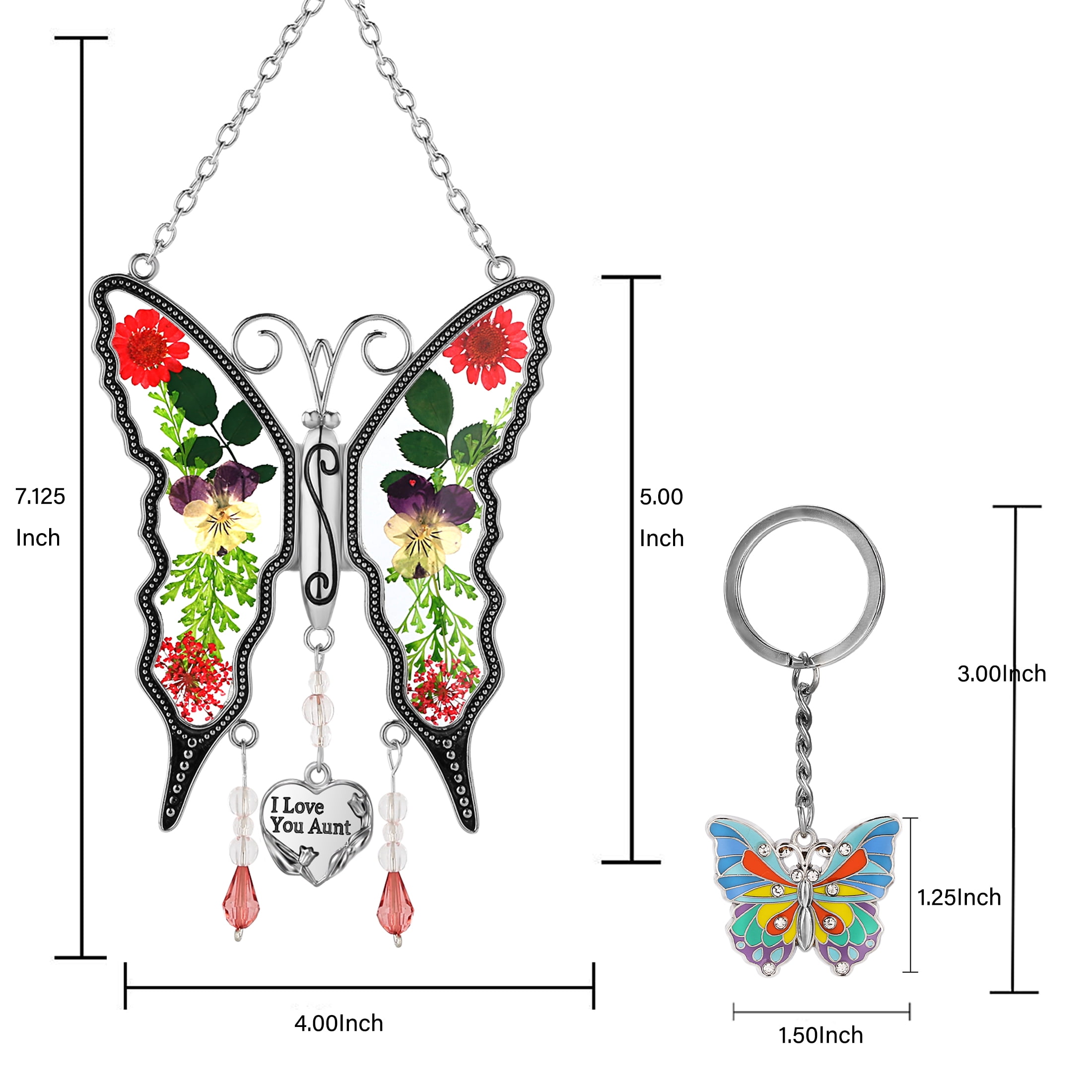 I Love You Aunt Butterfly Suncatchers& Blue Butterfly Keychain Silver Zircon & Stained glass and really flower material Color box packing Make Happy Mother's Day Gifts for Aunt Birthday Christmas