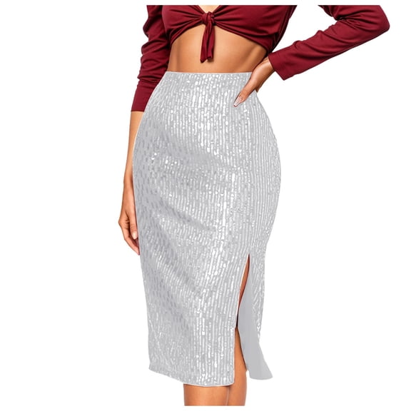 Juosiy Women's Elegant Temperament Wrap Skirt High Waist Solid Color Side Slit Sequin Skirts