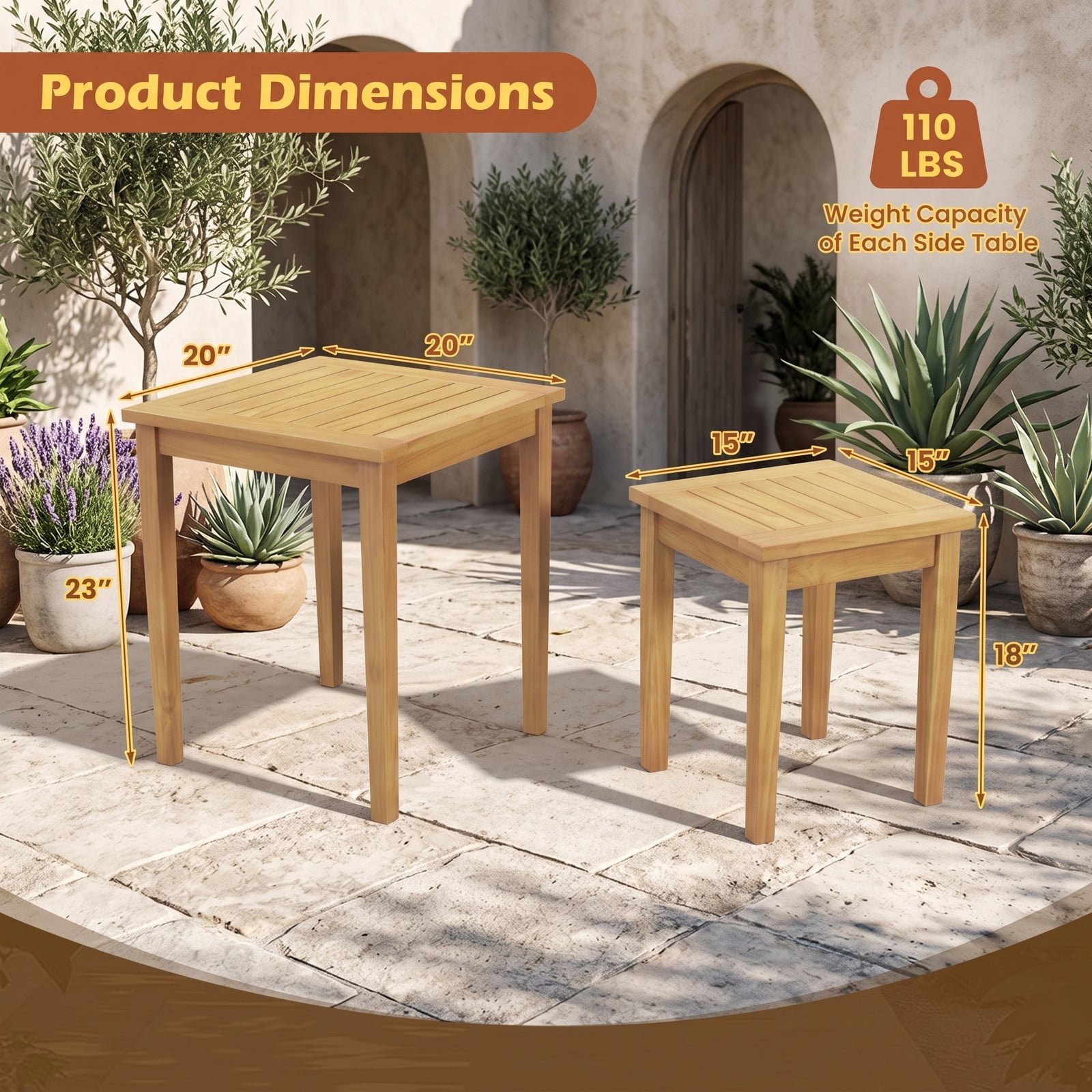 Furnibear Set of 2 Teak Wood Outdoor Patio Nesting Side Tables Space Saving End Tables for Backyard and Poolside, Natural