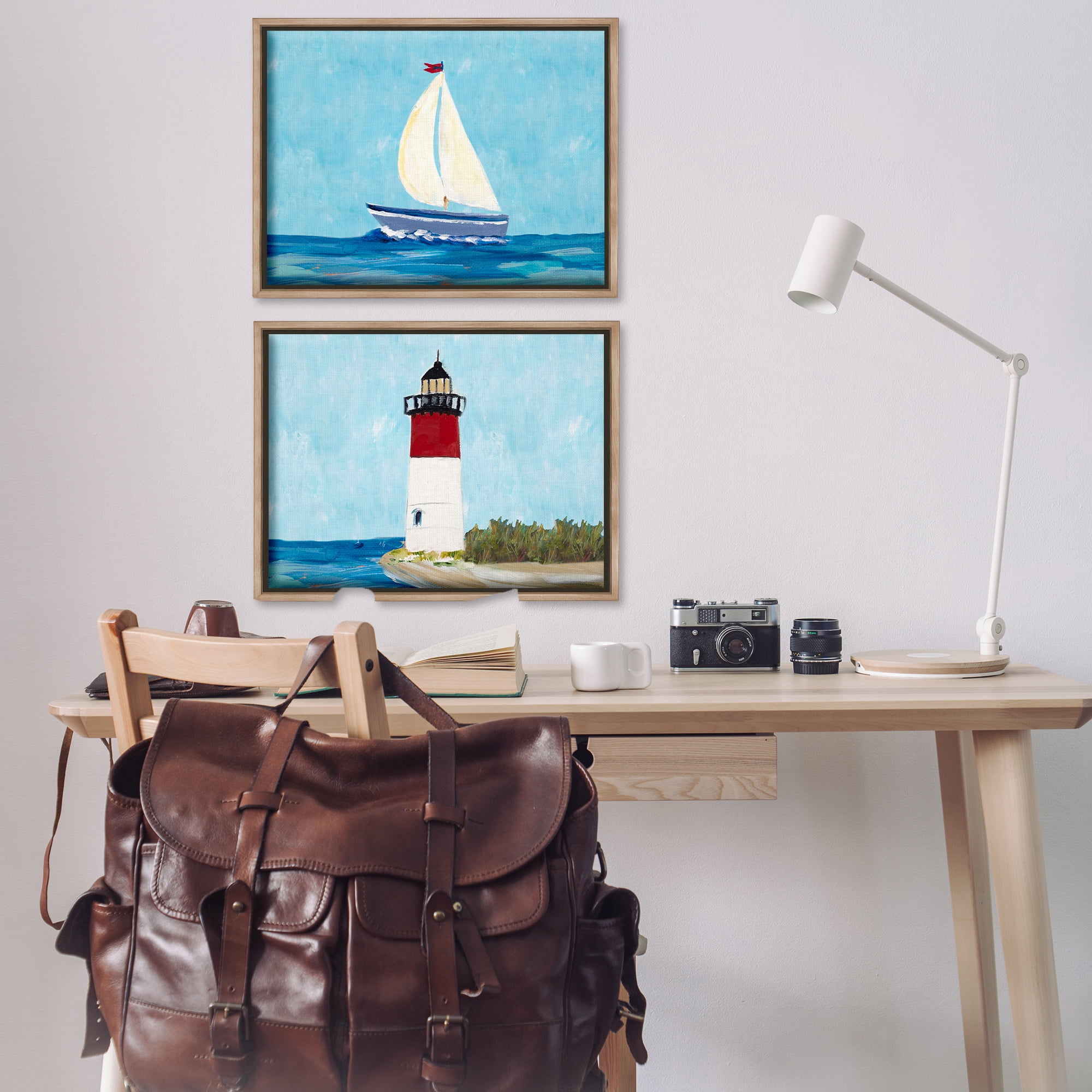 Stupell Industries Nautical Sail the Sea Lighthouse Nautical & Beach Painting Brown Floater Framed Canvas Art Print Wall Art, 31 x 21, Set of 2