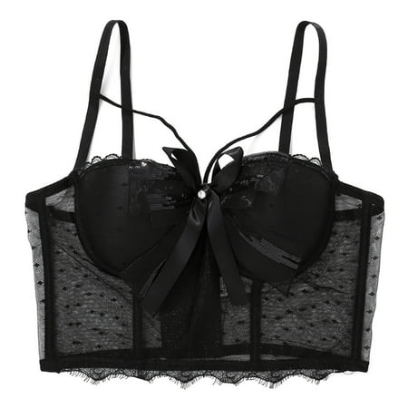 

Women Sleeveless Sequins Bow Bustier Bra Sexy Sheer Mesh Lace Corset Camisole