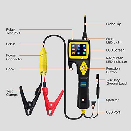 Electric System Circuit Tester BT280 Power Circuit Probe 9V-30V Automotive Electrical System Tools with 2.4'' Display Smart/Relay/Injector Test & Multimeter/Oscilloscope Mode Support Multi-Language