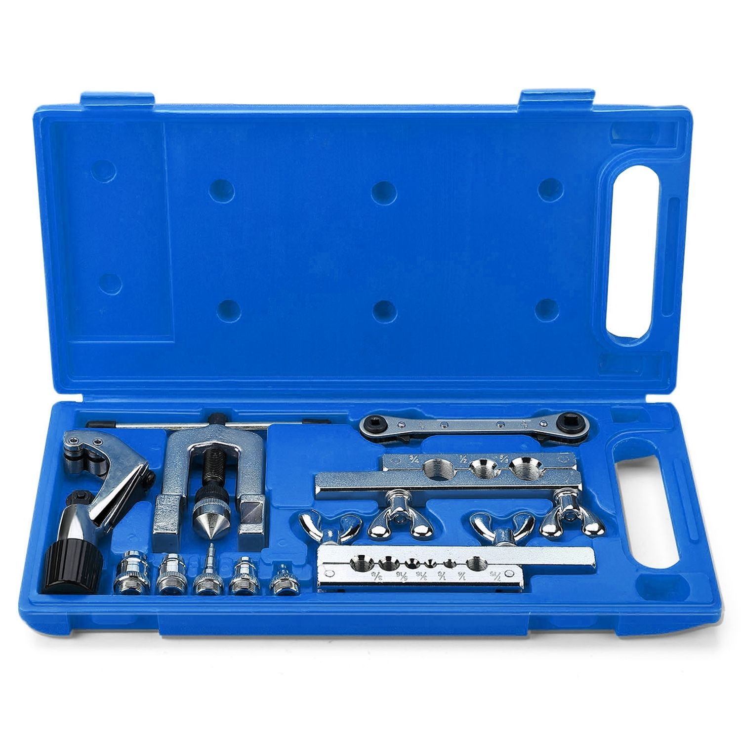 Flaring Swaging Tool Kit - 45 Degree Brake Line Tubing Copper Brass Aluminum Mild Steel Extrusion 1/8 to 3/4 inch for HVAC Water Gas Pipe Automotive Plumbing W/ Tube Cutter & Portable Case