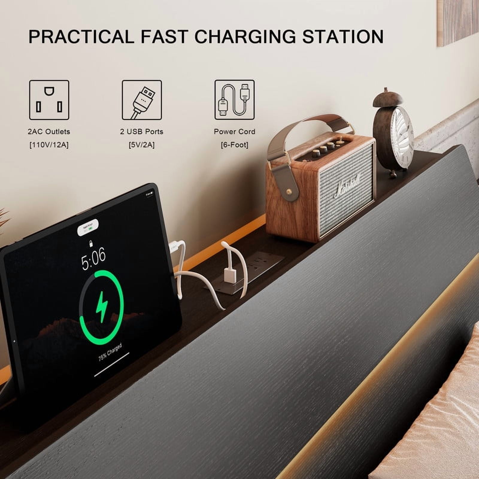 Einhomn Floating Bed Frame Queen Size with Storage Headboard, LED Lights and Charging Station, No Box Spring Needed
