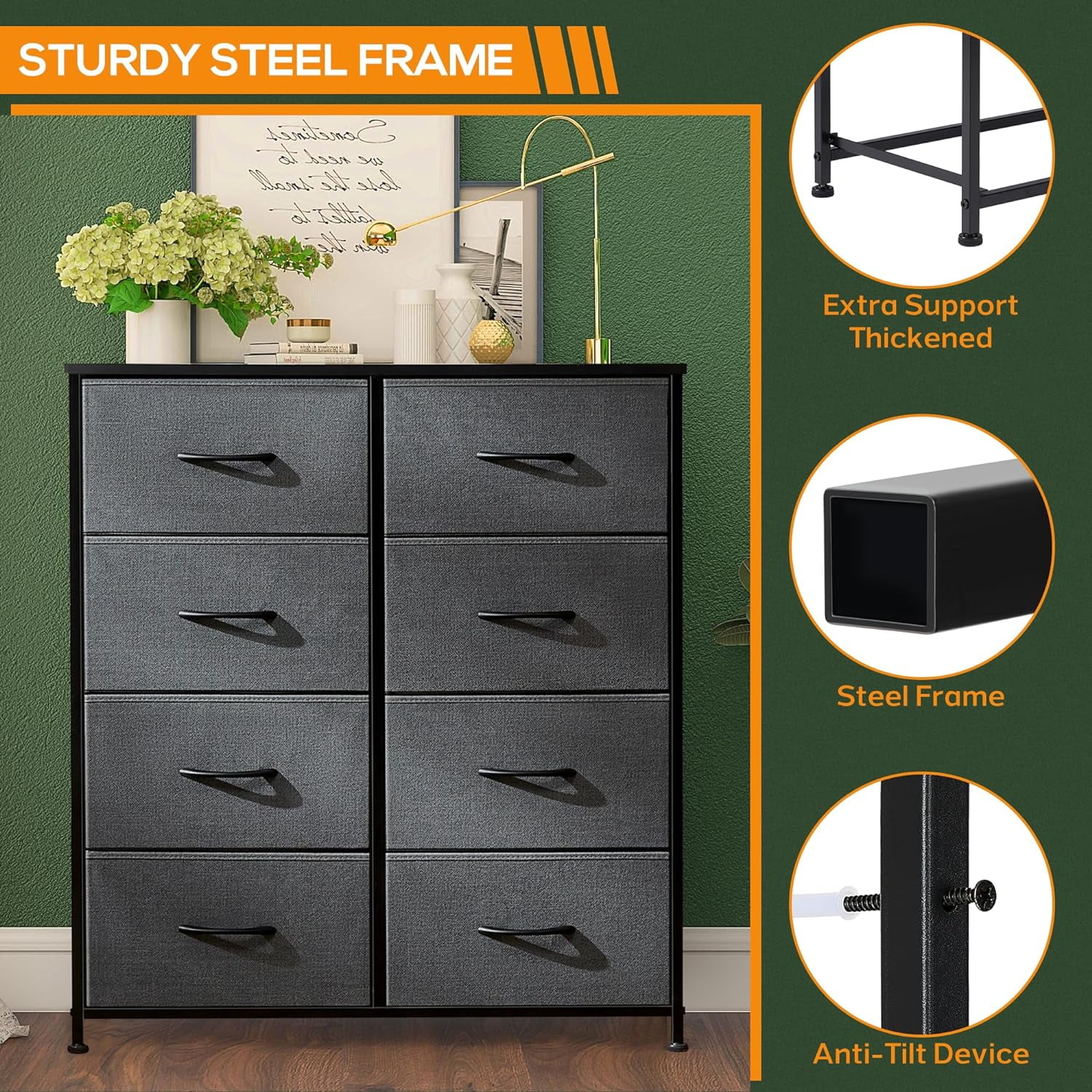 8 Drawer Dresser, Tall Chest Of Drawers Nightstand Storage Tower Storage Dresser Fabric Dresser With Wood Top for Living Room, Bedroom, Hallway, , Grey
