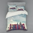 thumbnail image 2 of Fantasy Duvet Cover Set, City with Old Books Style Buildings Birds and Cloudy Sky Literature Cityscape, Bedding Set with Shams and Fitted Sheet, 3 Sizes, by Ambesonne, 2 of 3