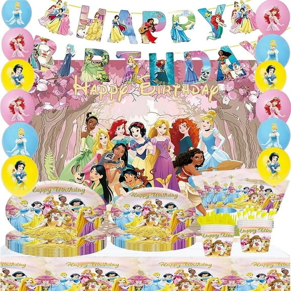 Anime Princess Theme Party Decorations Tableware Set , 125PCS Princess Birthday Plates and Cups Napkins Tablecloth Princess Birthday Decorations Tableware