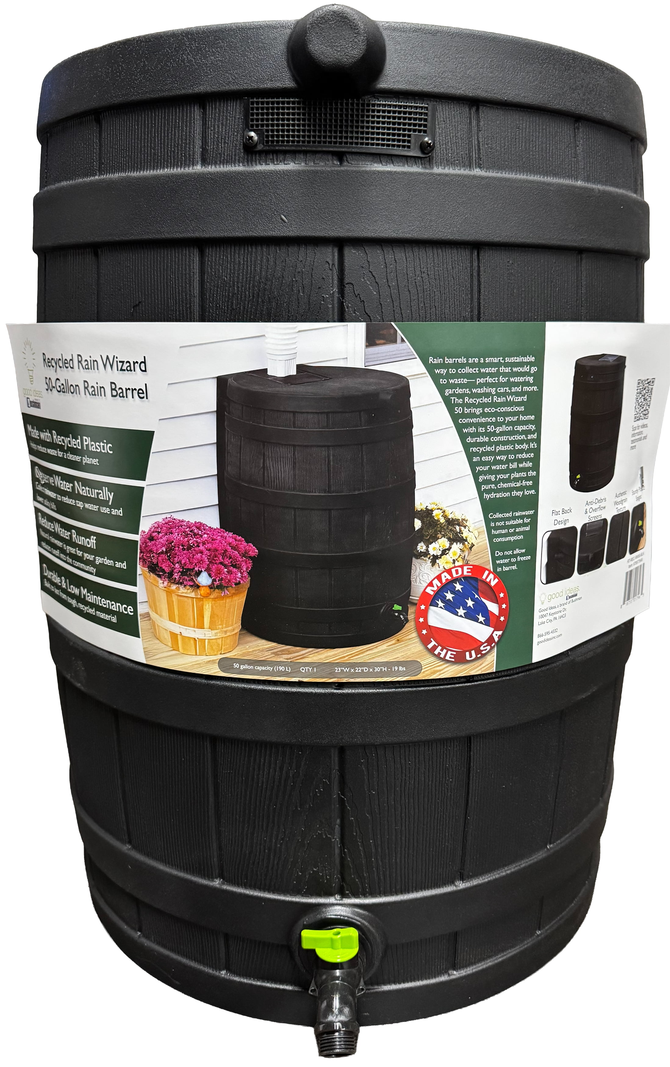 Good Ideas Recycled Rain Wizard 50-Gallon Rain Barrel, Heavy-Duty Recycled Plastic Construction