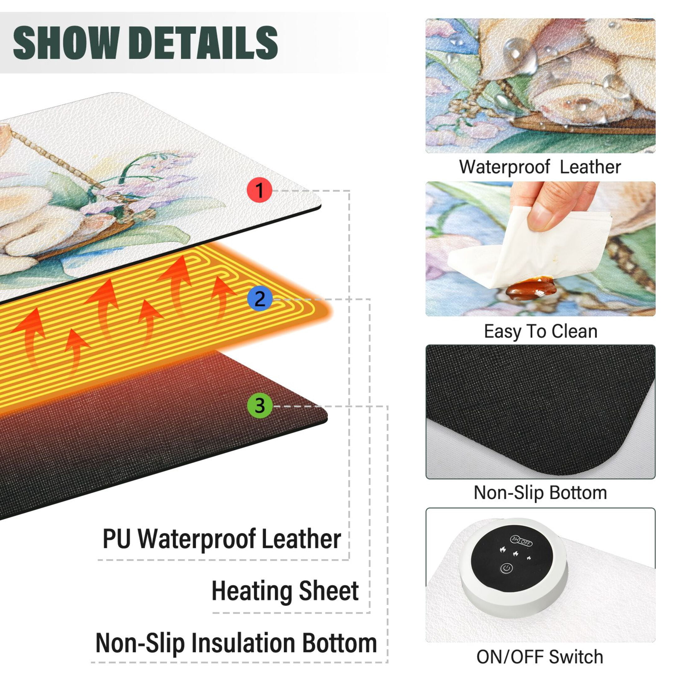 Large Heated Desk Mat Mouse Pad 31.5"x13"PU Leather Graphene Heating Desk Warmer with 3 Temperature Settings 110V US Plug Non-Slip Warm Pad for Home, Office, and Gaming Spring Bunny with Flowers