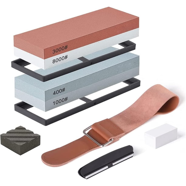 Piedra de Afilar, Afilador de Cuchillos Profesional de 4 Caras con Base de Silicona Antideslizante, Cuero Navaja, Cuero Honing Strop, Compuesto Pulido