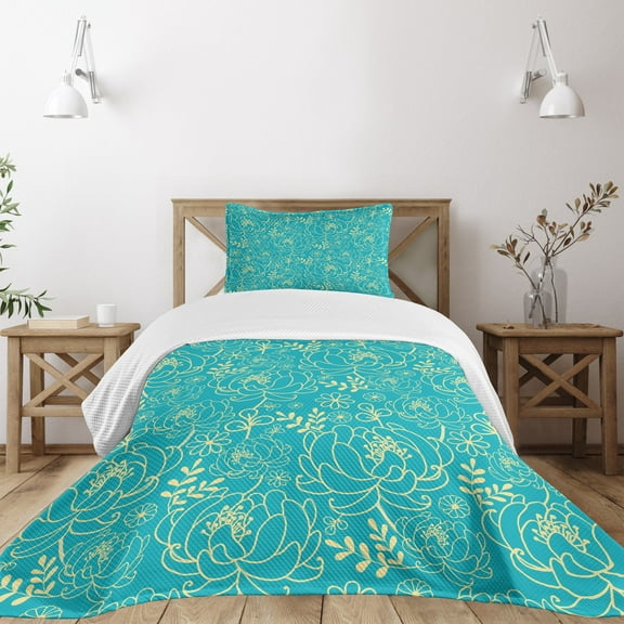Ambesonne Yellow and Blue Quilted Bedspread Set 2 Pcs, Twig and Leaves, Twin Size, Turquoise Pale Yellow