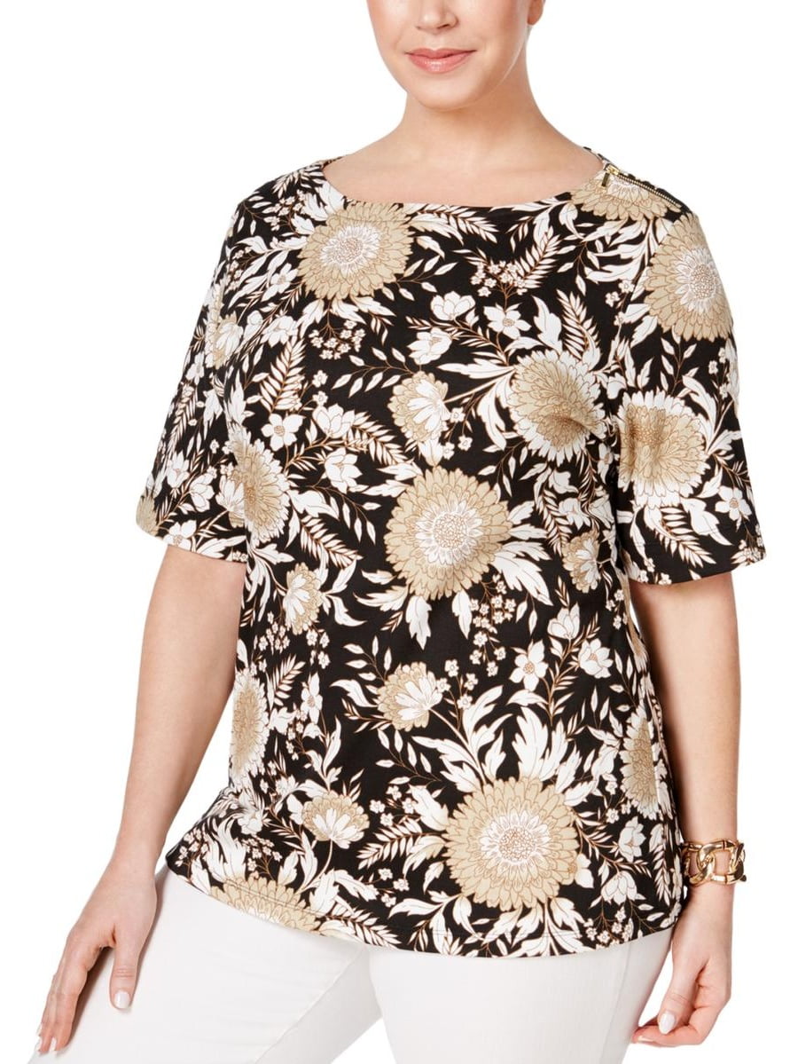 Karen Scott Womens Plus Floral Print Boat Neck Casual Top