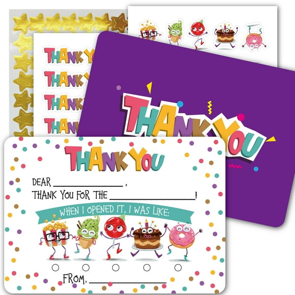 Gooji Kid’s Thank You Cards with Envelopes and Stickers 25 Pack (Party Treat)