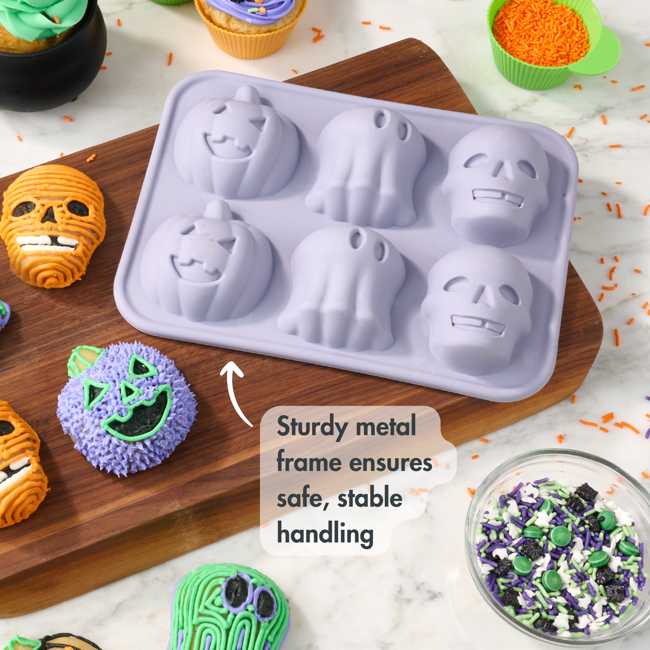 Way To Celebrate 6 Cavity Silicone Cakelet Pan, Jack-o’-lantern, Ghost and Skull designs, Purple