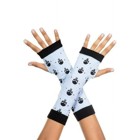 450-WHITE-BLACK Skull Print Fingerless Gloves, White & Black