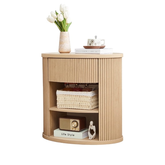 YOCWO Oval Nightstand with 1 Drawer and Adjustable Shelf for Bedroom with Carved Line Design, Round End tables for Living Room, Natural
