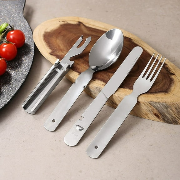 4-in-1 Camping Utensils 3-Pack, Portable Stainless Steel Spoon, Fork, Knife & Bottle Opener Combo Set, Travel/Camping/Hiking/Picnic/Barbecue/Outdoor Backpacking Utensils with Carrying Bag