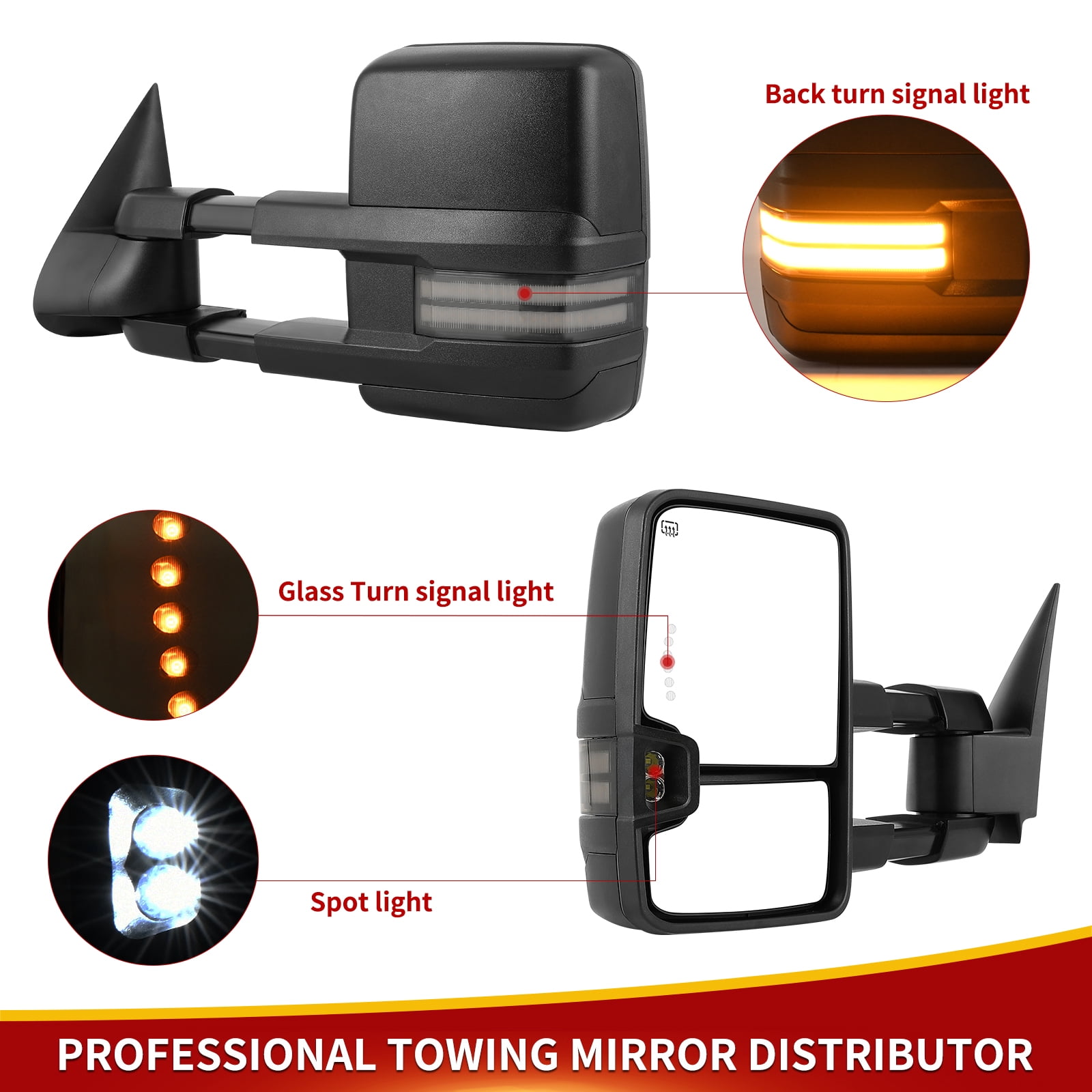 LEDKINGDOMUS Power Heated Towing Mirrors Compatible with 2003 - 2006 Silverado Sierra 1500 2500 HD 3500, Escalade Suburban Tahoe Yukon XL Manual Fold Telescopic Switchback Turn Signal Running Lights