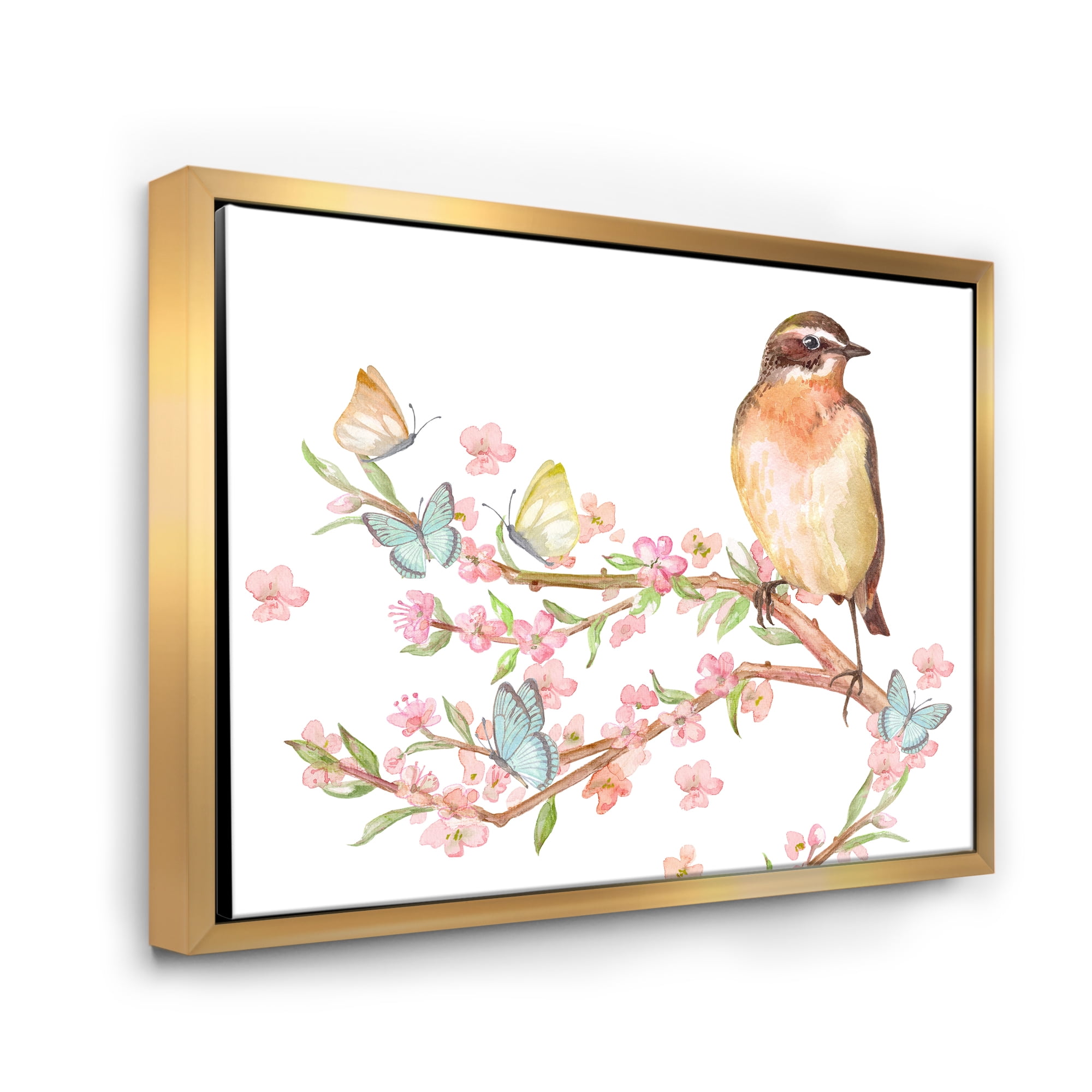 Designart 'Lovely Bird Sitting On Branch of Sakura With Butterflies' Traditional Framed Canvas Wall Art Print