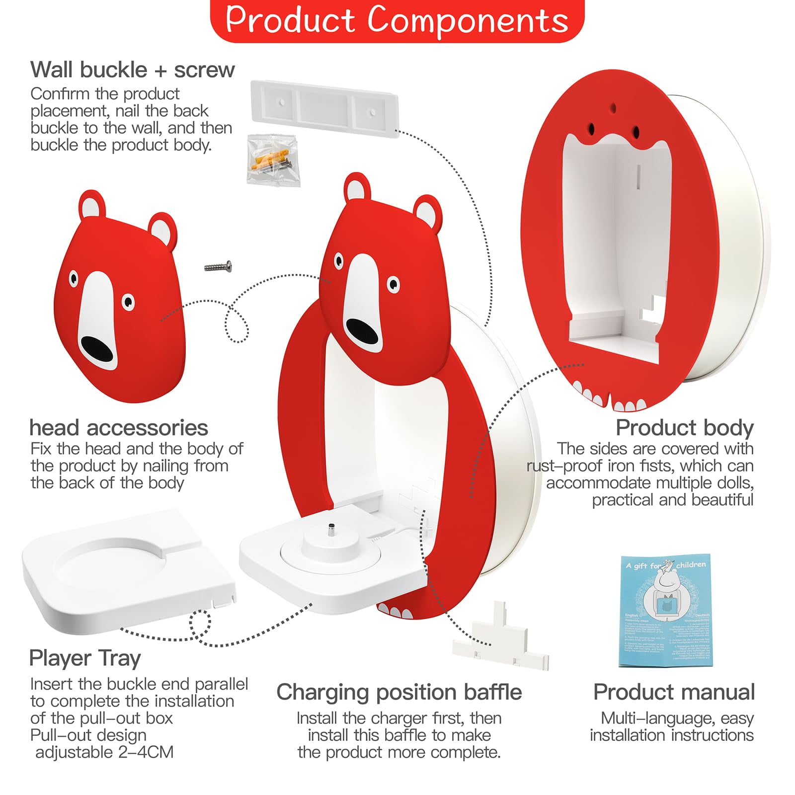 Tnvodejo for Toniebox Creative Bear Children's Magnetic Floating Shelf and for Tonies for 30-48 Figures - Wall Shelf for The Music Box - for Playing and Collecting - for Children's Baby Rooms (Red)