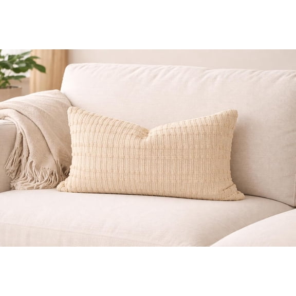 Fennco Styles Beige Woven Textured Filled Throw Pillow 12" X 20" - Decorative Cotton Blend Sofa Cushion for Sofa, Couch & Bed for Home Décor