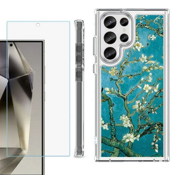 OneToughShield ® Case Compatible with Samsung Galaxy S24 Ultra, Shockproof Bumper Phone Case, with Tempered Glass Screen Protector - Almond Blossom