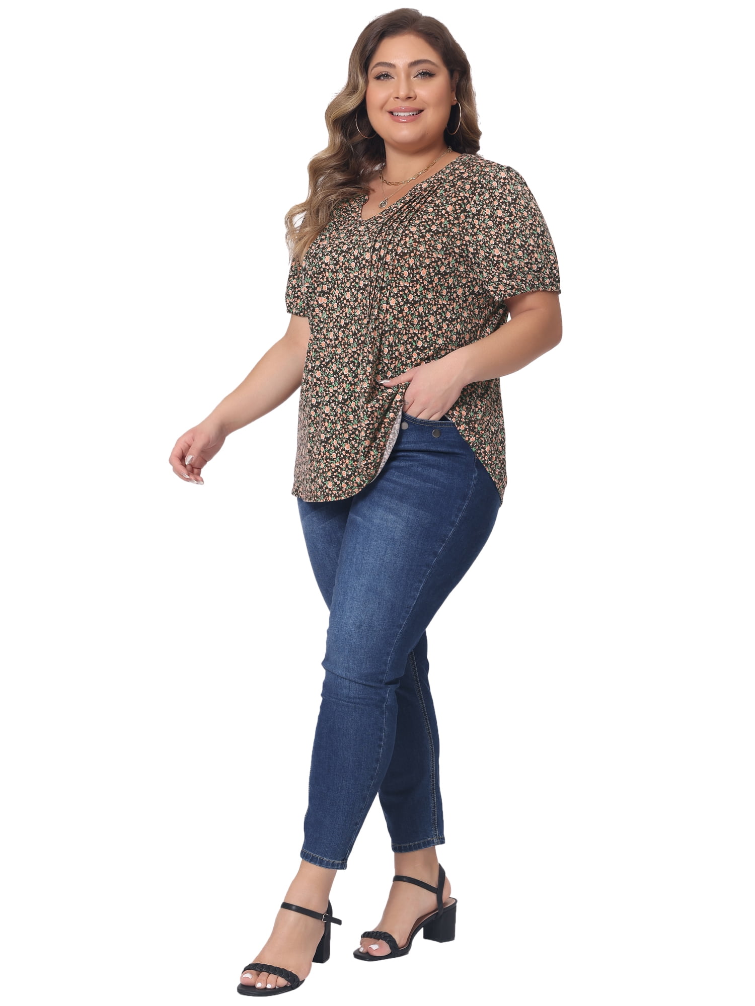 Women's Plus Short Sleeve Pleated T-Shirts Notched V Neck Floral Tops 2X Brown
