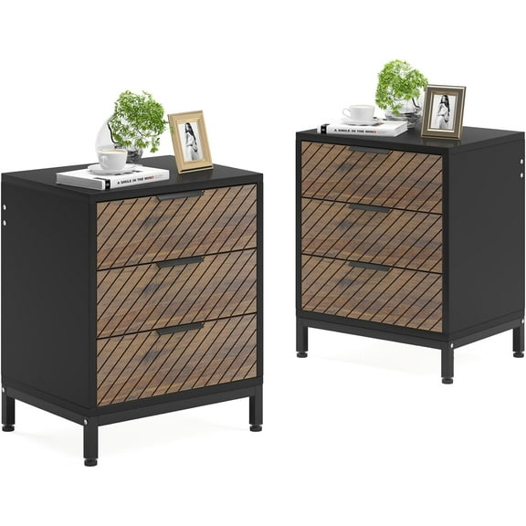 Tribesigns 3 Drawers Night Stands for Bedrooms, Light Wood Grain Nightstands, Bedside End Tables Storage for Living Room, Black & Dark Brown