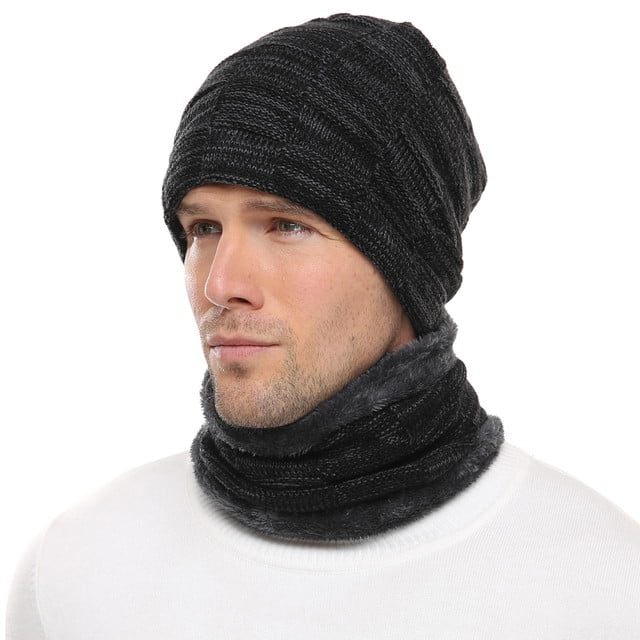 FZ FANTASTIC ZONE Mens Womens Winter Beanie Hat Scarf Set Warm Knit Thick  Fleece Lined Skull Cap Neck Warmer for Men Women