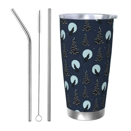 

Zeuib Night Forest Wolf Printed 20oz Stainless Steel Insulated Car Cup Stainless Steel Thermal Cup Vacuum Insulated Leak-proof Travel Mug Cup-Straw Three-piece Set