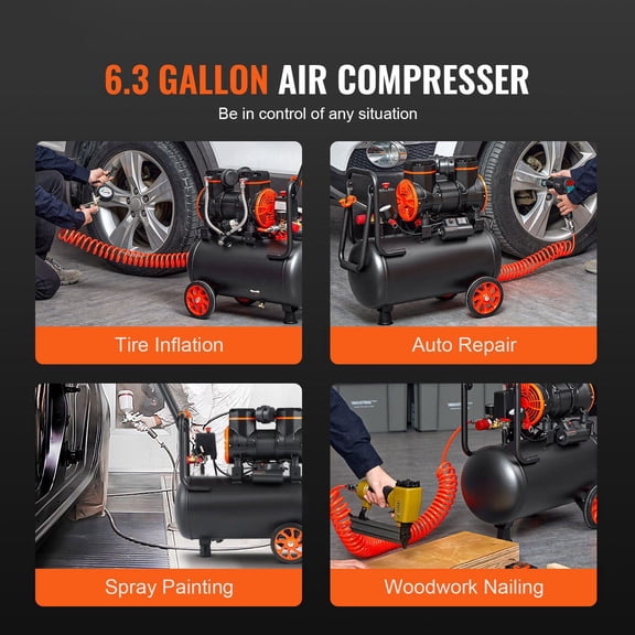 6.3 Gallon 2 HP Air Compressor 3.35 CFM at 90 PSI 116 PSI Max Oil Free Air Tank for Automotive Tire Inflation Painting Woodworking Nailing