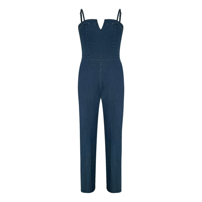 【BAON】Ronwell Denim Flare Sleeveless Long One Piece Women's Flare Denim Jumpsuits Vintage Distressed Adjustable