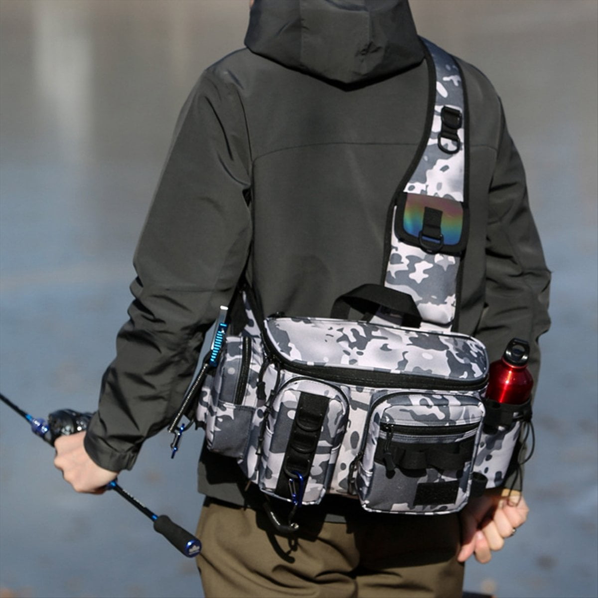 Fishing Tackle Backpack Lure Box Gear Storage Bag Fanny Pack Fly Fishing Backpack with Rod Holder Sling Shoulder Bag-C