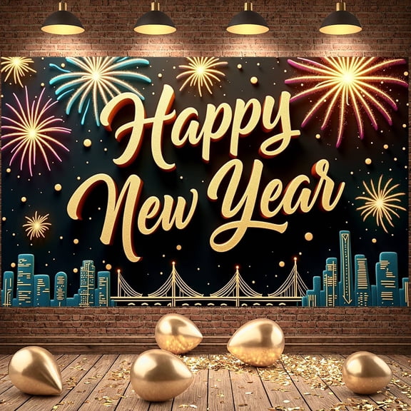 Golden Lettering Happy New Year Banner Colorful Fireworks New Year Display City Skyline Black Background Holiday Backdrop for New Year Party Indoor Decoration Photo Shoot