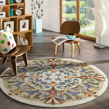MEHOOM 4x4ft Moroccan Vintage Round Washable Rug, Soft Throw Round Rug, Non-Slip Area Circle Rug for Living Room, Bedroom